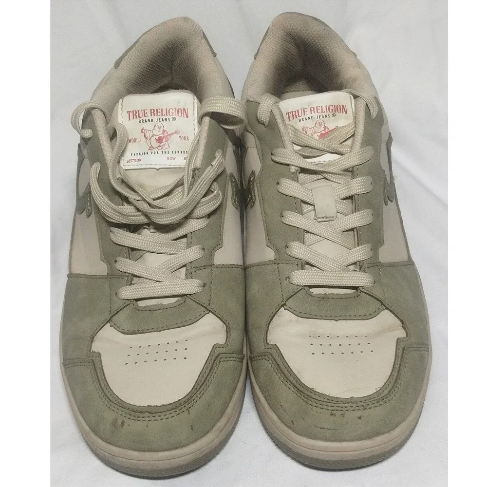 True Religion Mens Sage Green Cream Horseshoe Logo Low Top Sneakers Size 12